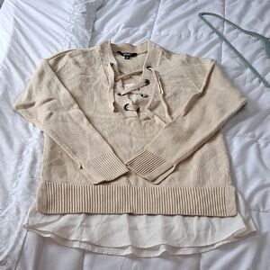 Simply Vera Vera Wang Cream Lace-Up V-Neck Sweater